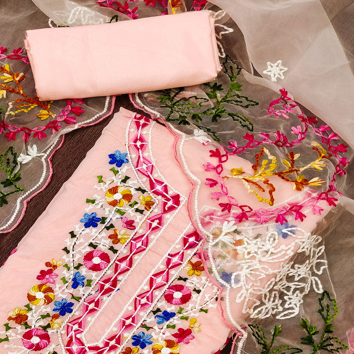 Peach Floral Embroidered Chanderi Dress Material