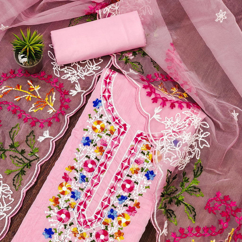 Pink Floral Embroidered Chanderi Dress Material