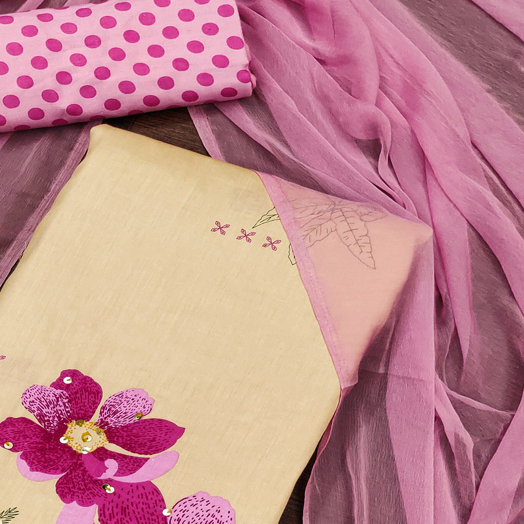 Beige & Pink Floral Printed Pure Cotton Dress Material