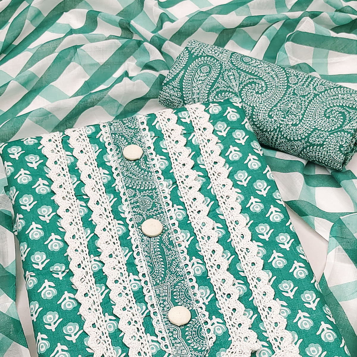 Green Floral Printed Pure Cotton Dress Material