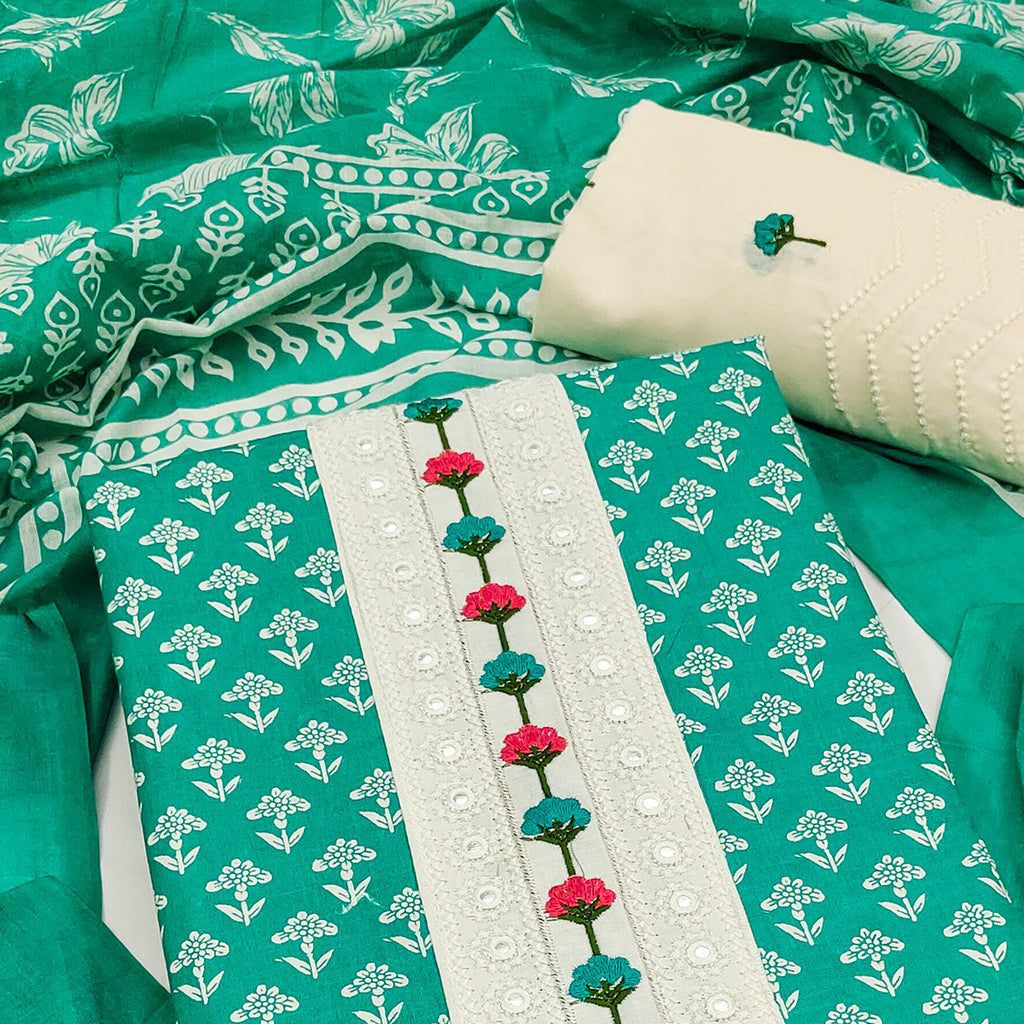 Floral Printed Pure Cotton Dress Material in Radiant Rama Green Tone