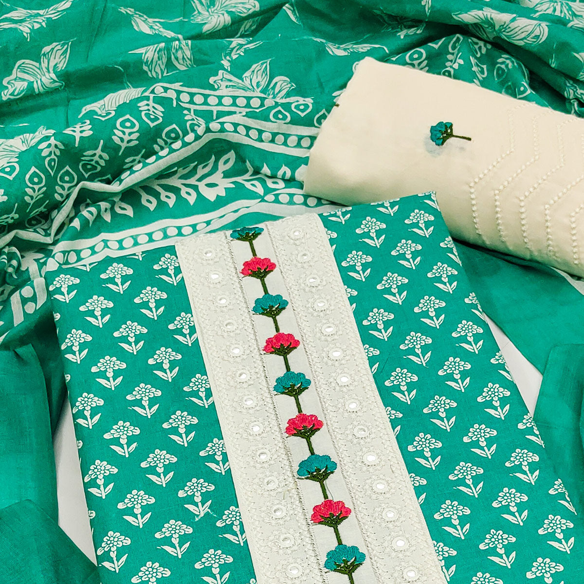 Floral Printed Pure Cotton Dress Material in Radiant Rama Green Tone