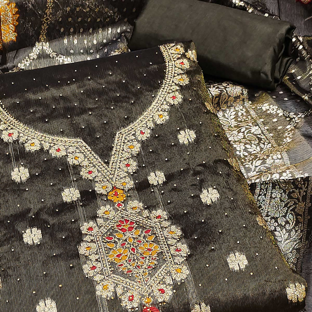 Dark Grey Woven With Stonework Shimmer Jacquard Dress Material