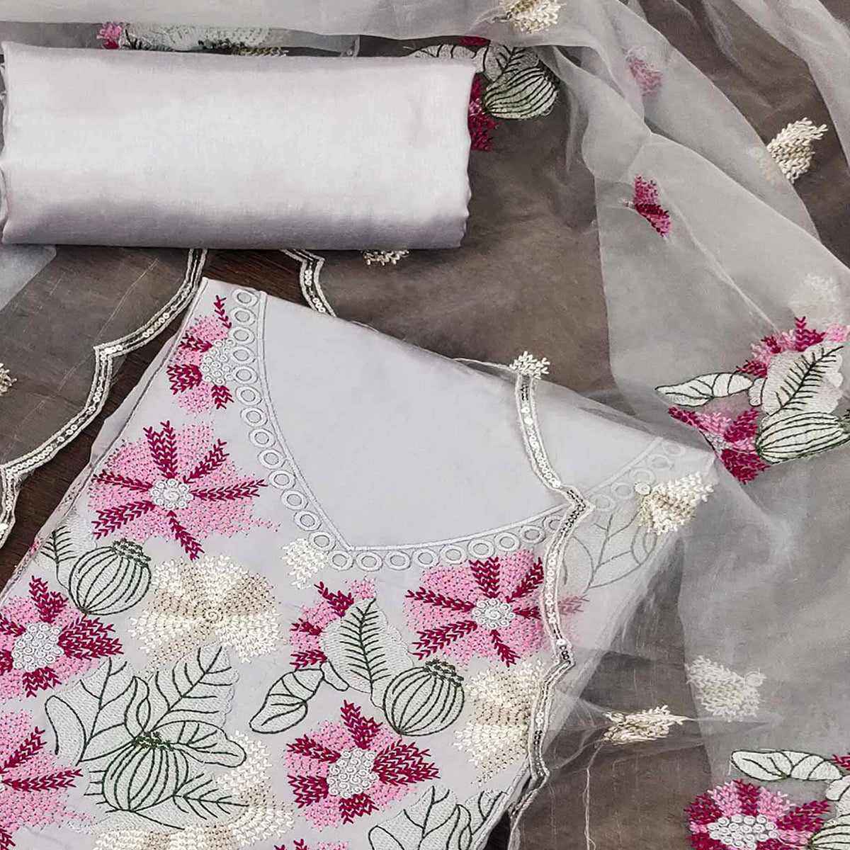 Grey Floral Embroidered Cotton Blend Dress Material