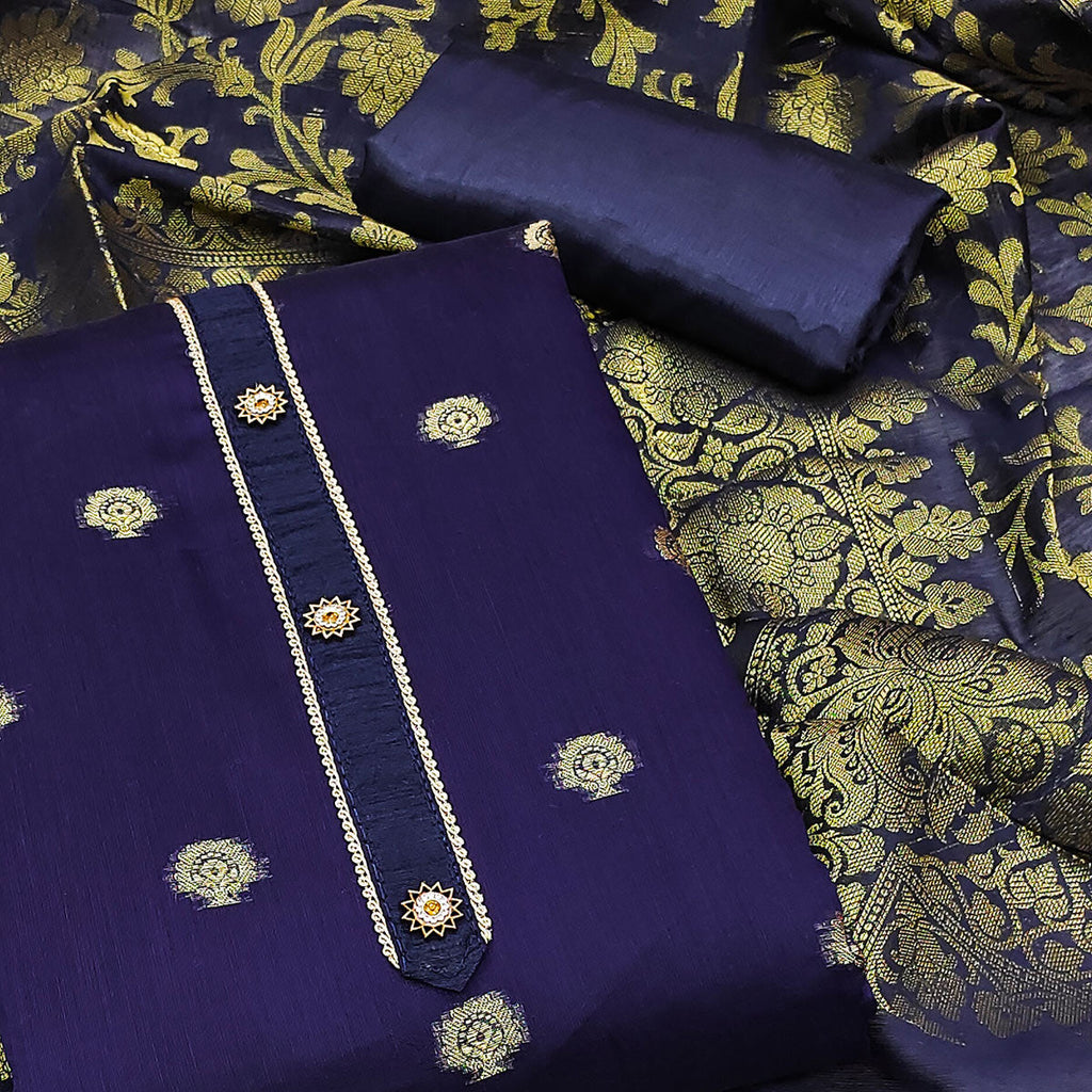 Navy Blue Floral Woven Banarasi Silk Dress Material