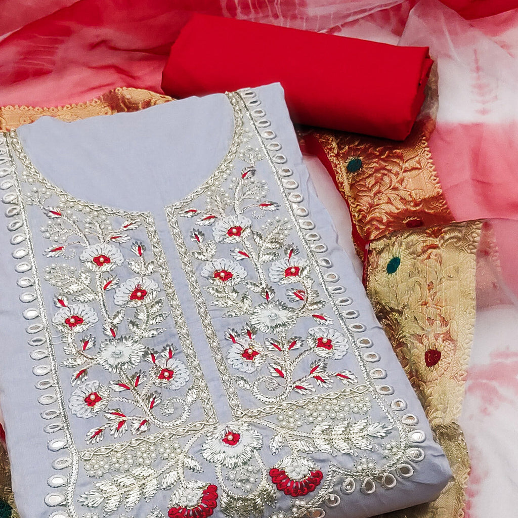 Grey Floral Embroidered Pure Cotton Dress Material