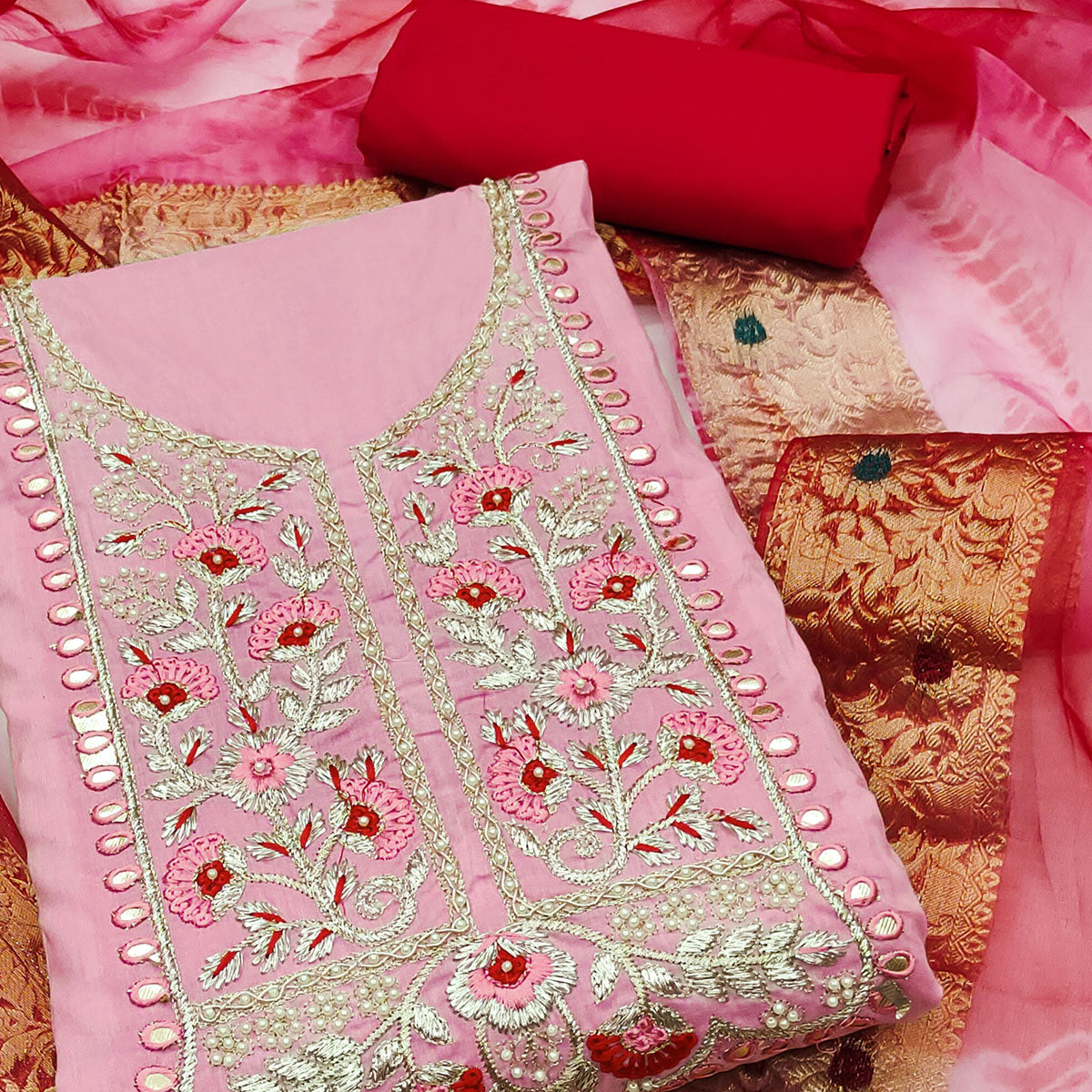 Pink Floral Embroidered Pure Cotton Dress Material
