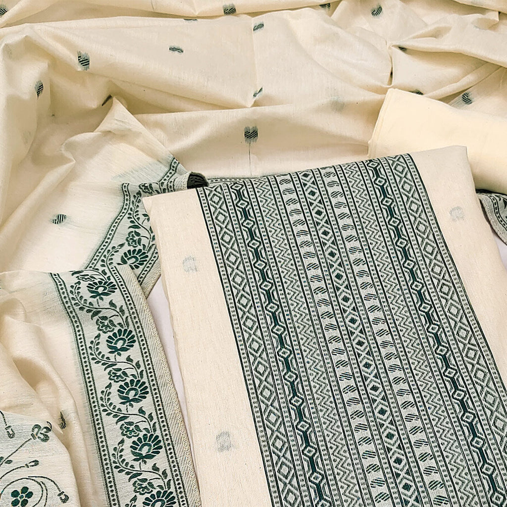 Cream & Green Floral Woven Pure Cotton Dress Material