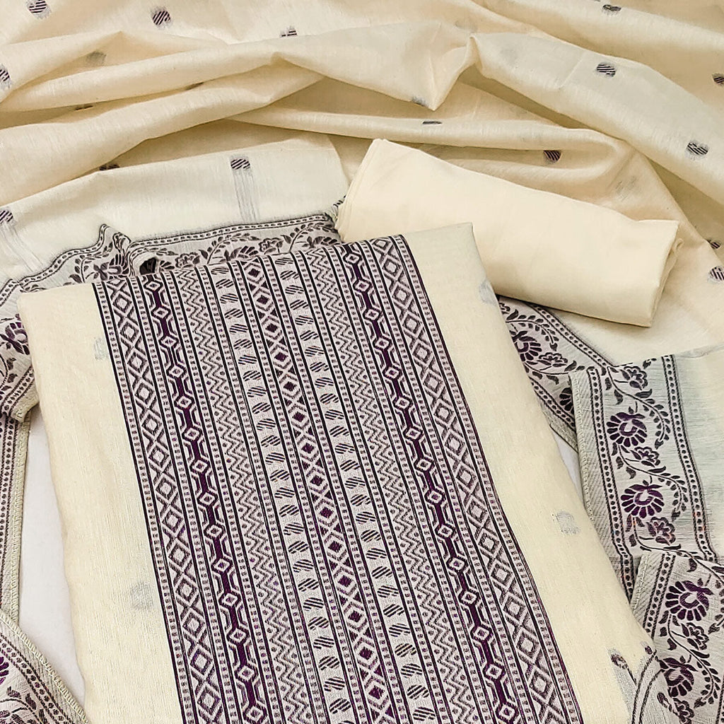 Cream & Wine Floral Woven Pure Cotton Dress Material