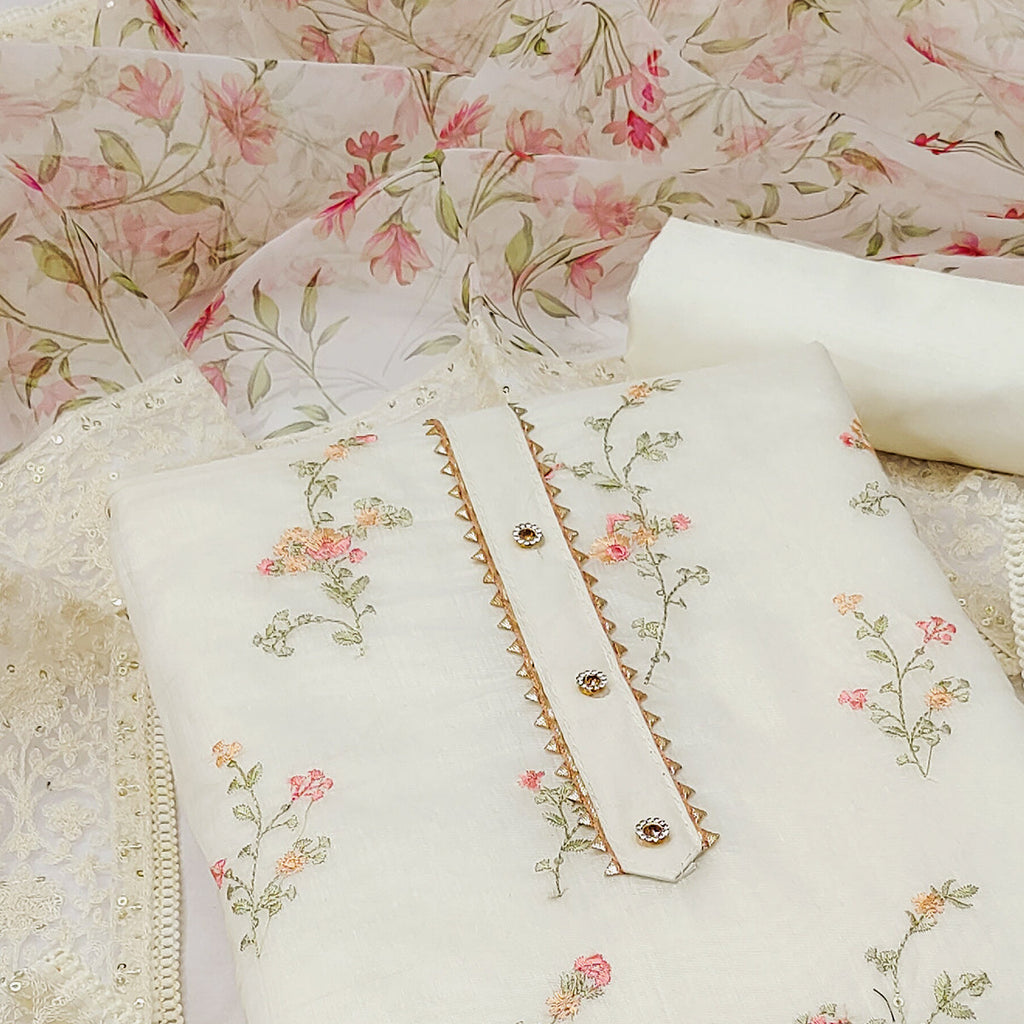 Off White Sequins Floral Embroidered Chanderi Dress Material