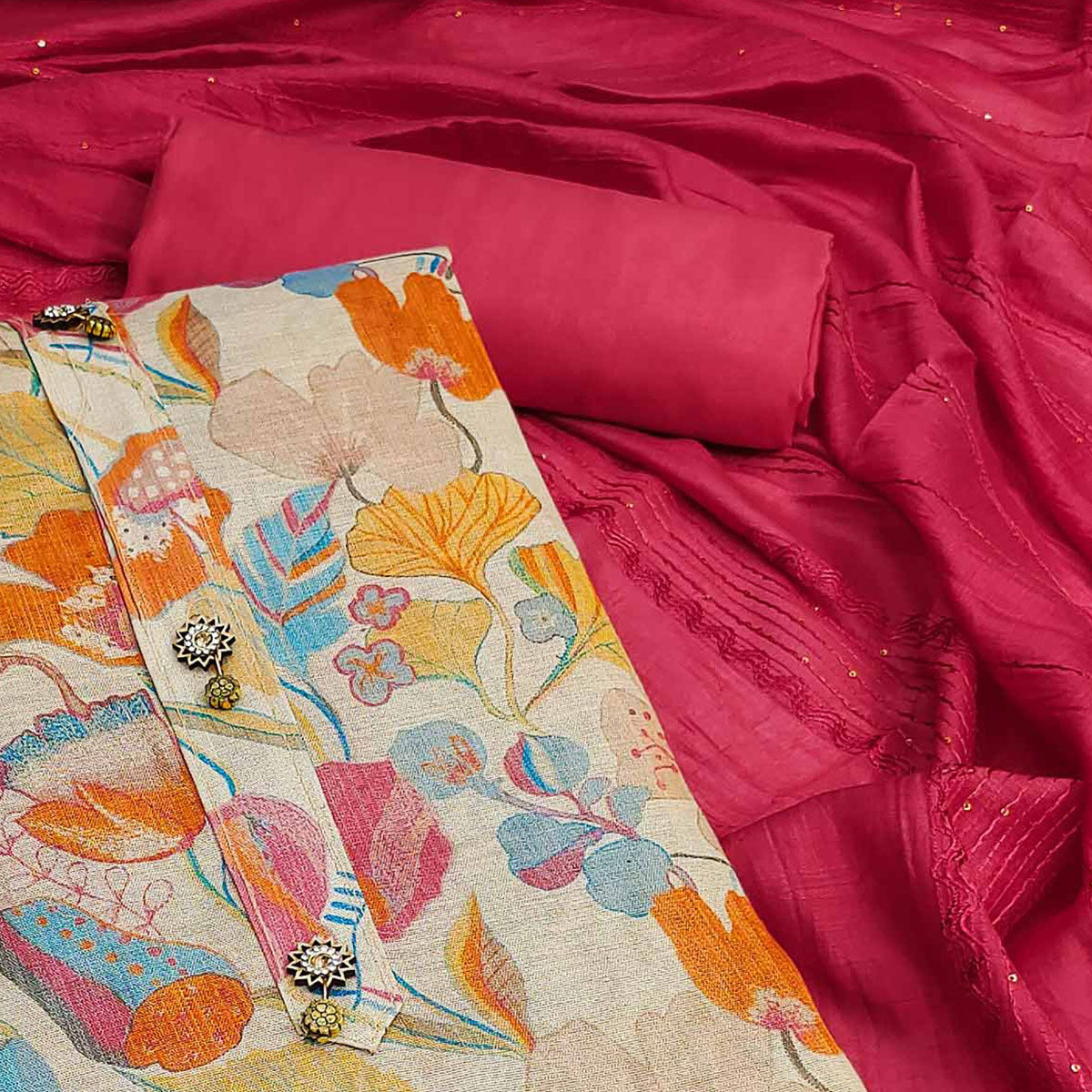 Beige Floral Printed Cotton Silk Dress Material