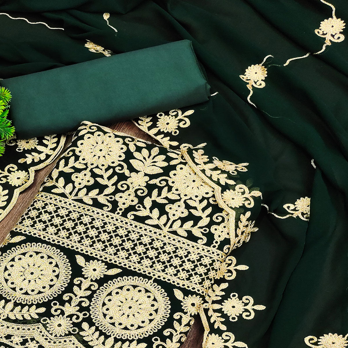 Green Floral Embroidered Georgette Dress Material
