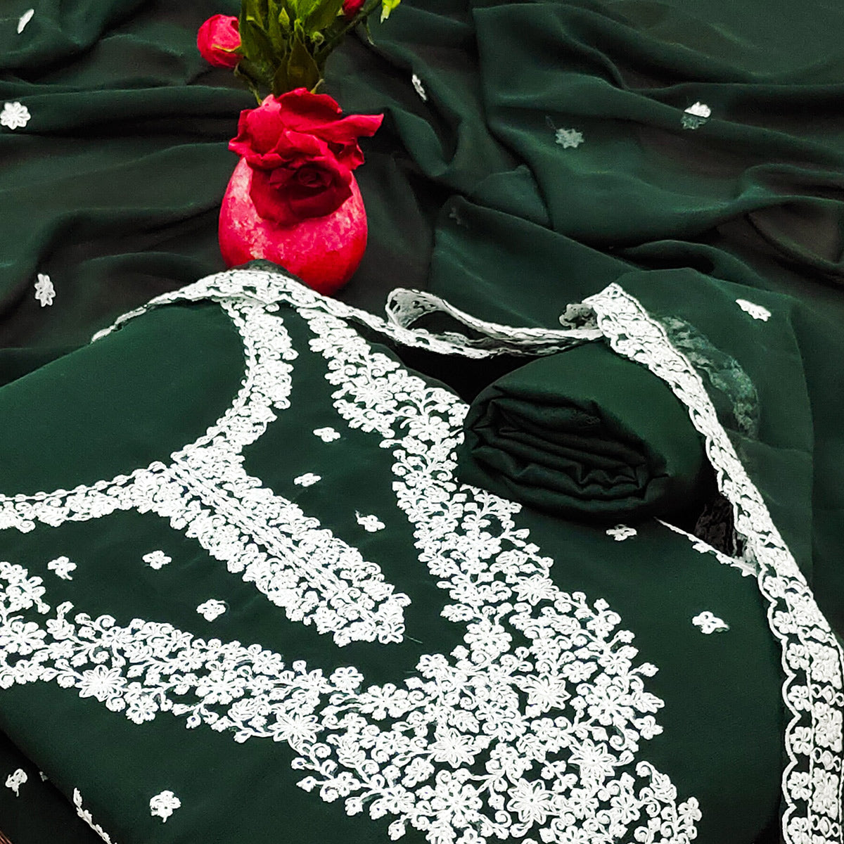 Green Floral Embroidered Georgette Dress Material