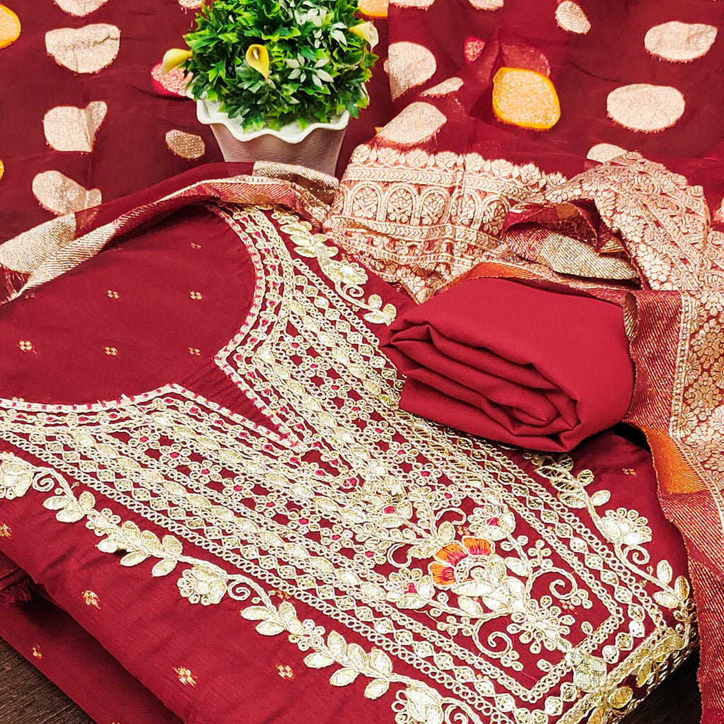 Maroon Butti With Embroidered Chanderi Dress Material
