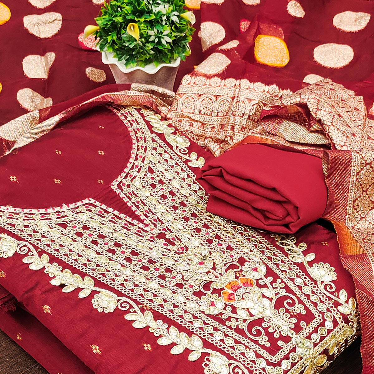 Maroon Butti With Embroidered Chanderi Dress Material