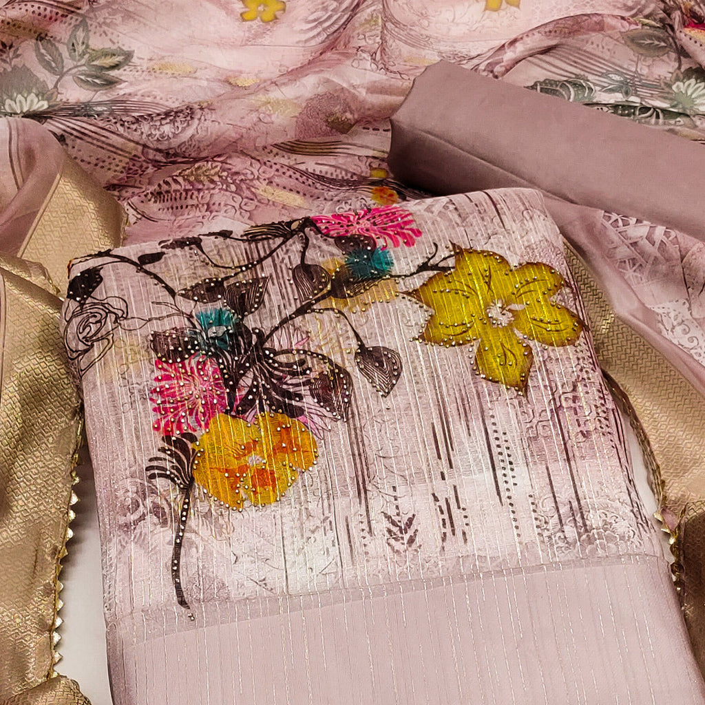 Mauve Floral Printed With Swarovski Work Organza Dress Material