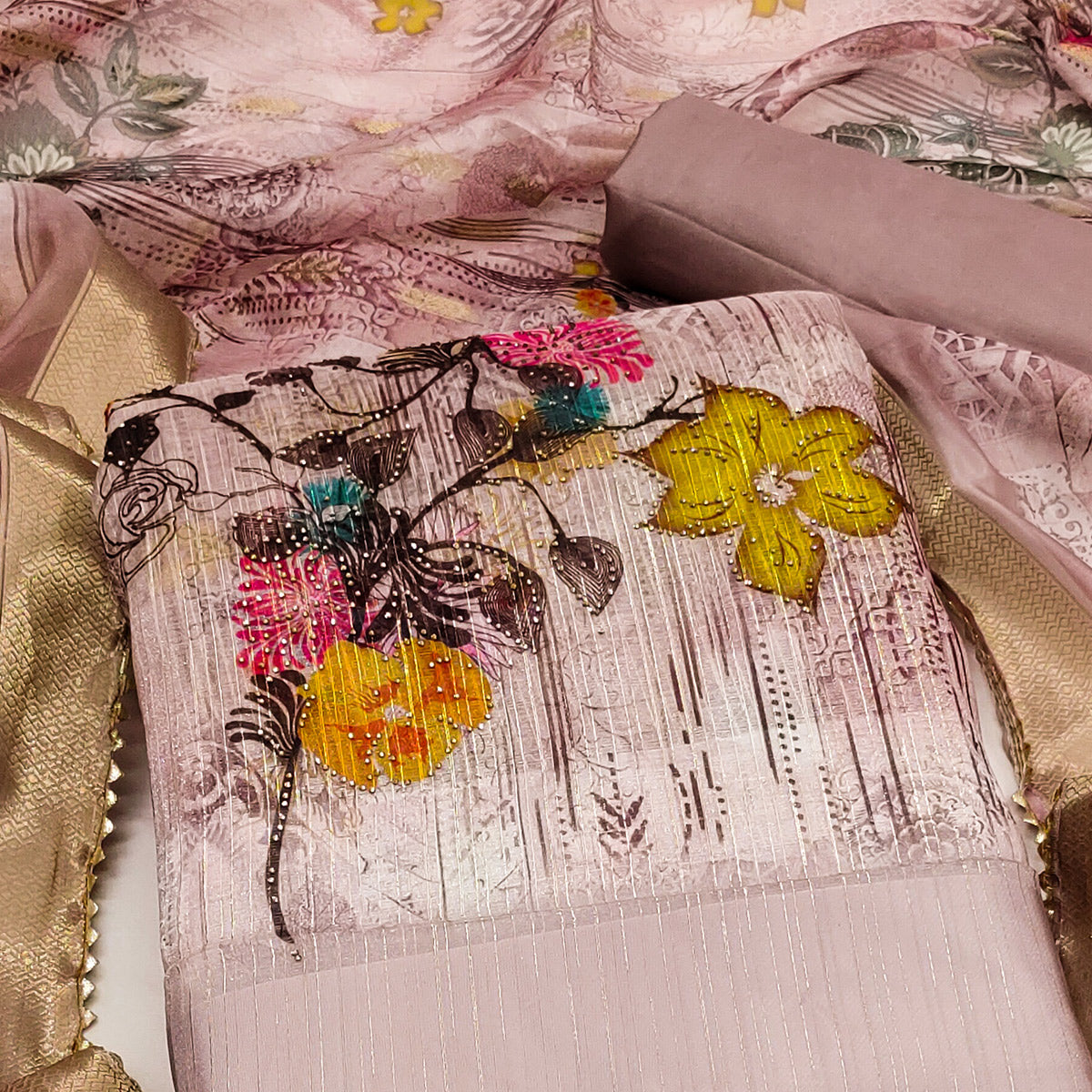 Mauve Floral Printed With Swarovski Work Organza Dress Material