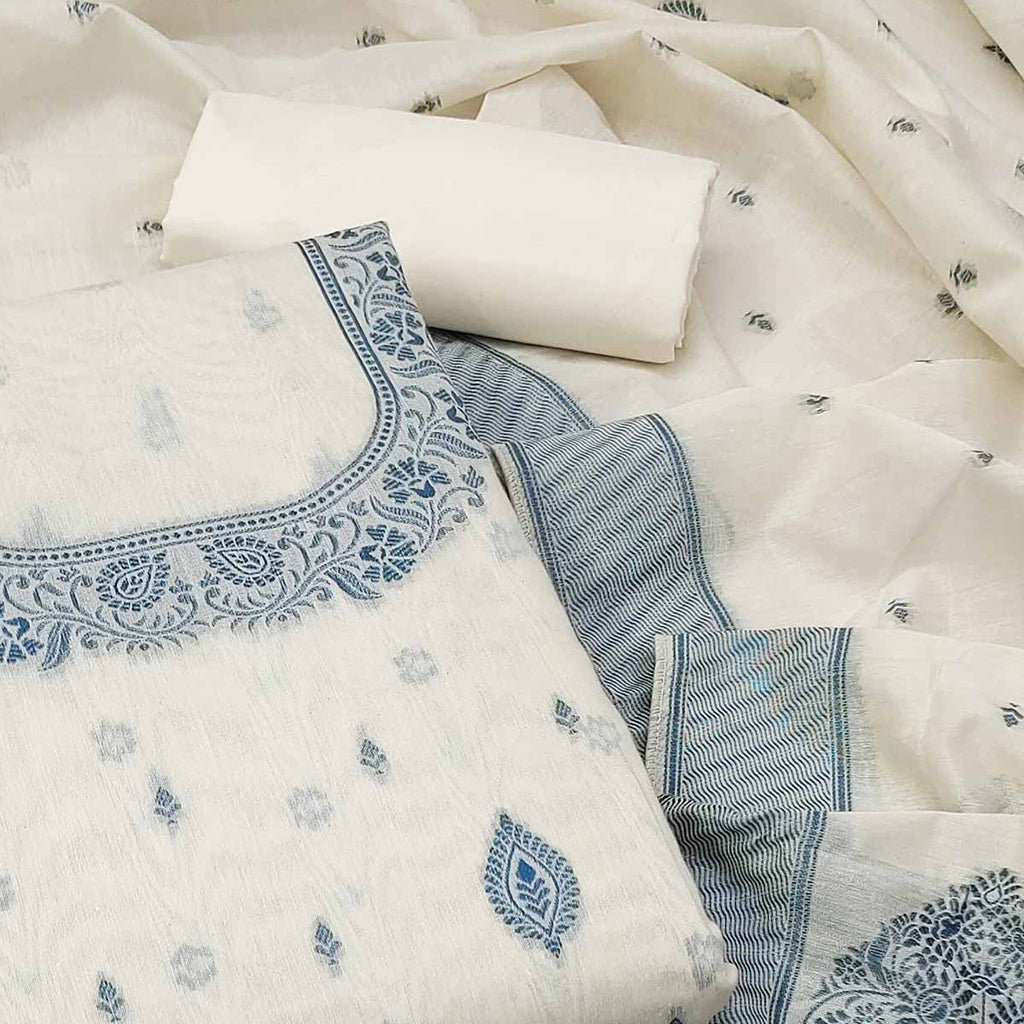 Off White Woven Pure Cotton Dress Material