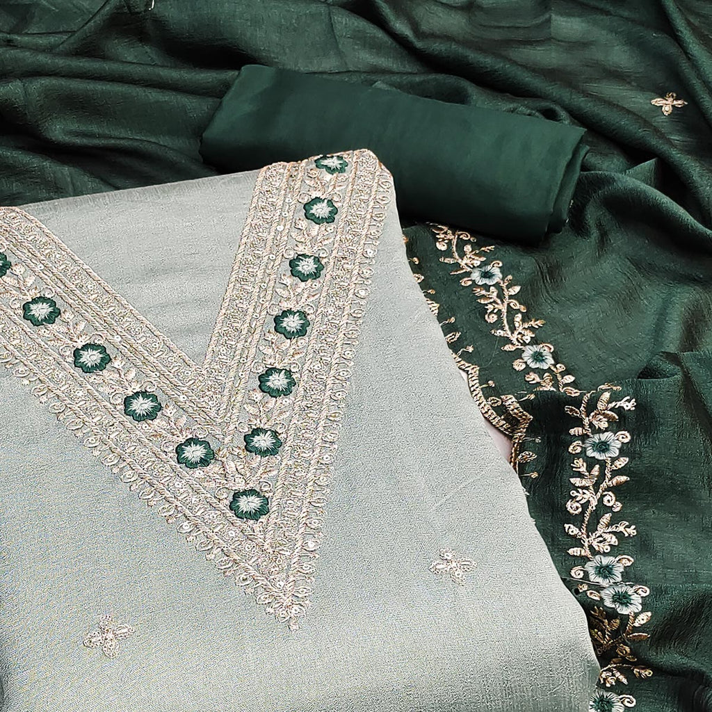 Light Green Floral Embroidered Vichitra Silk Dress Material
