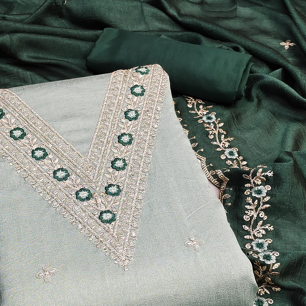 Light Green Floral Embroidered Vichitra Silk Dress Material