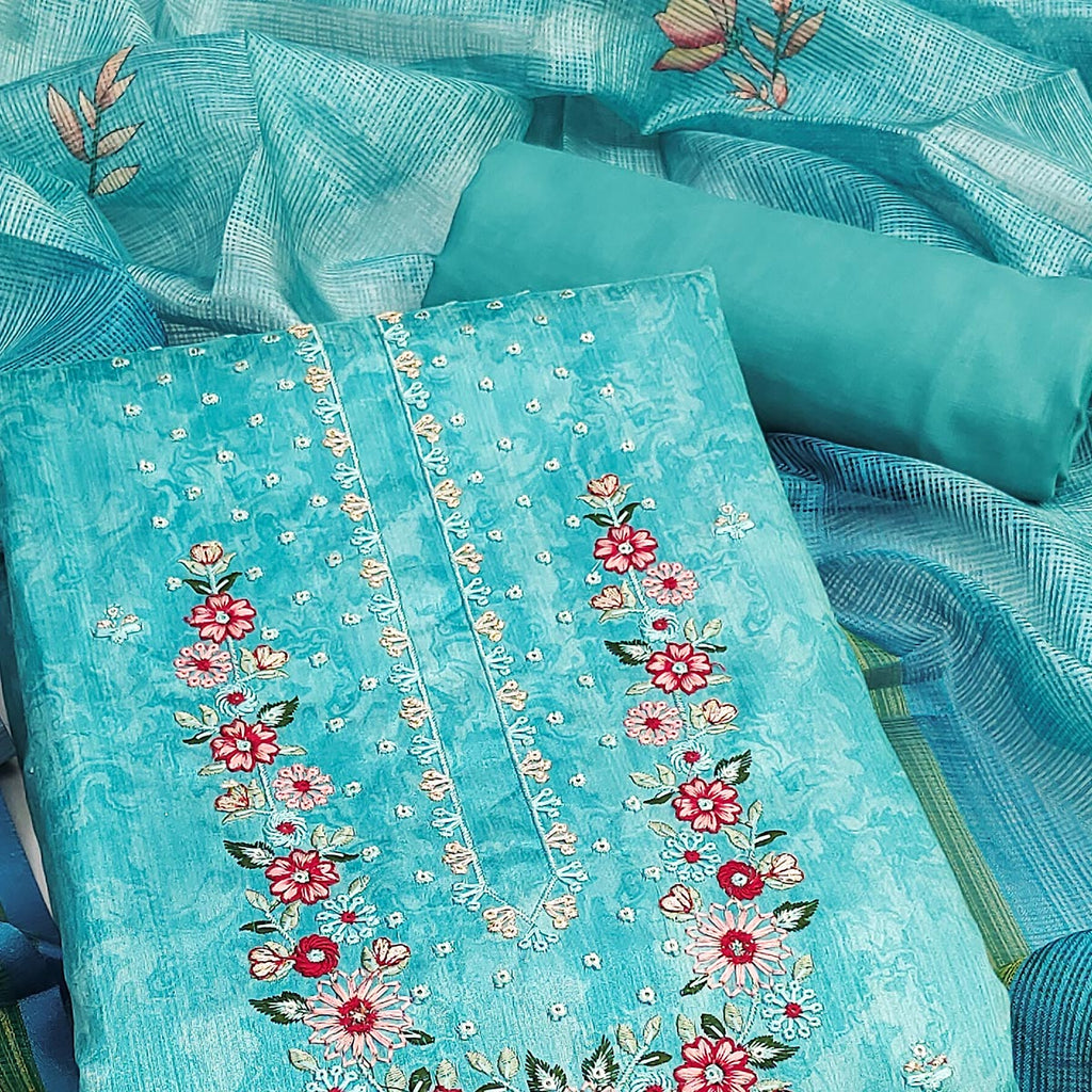 Aqua Blue Embroidered Art Silk Dress Material