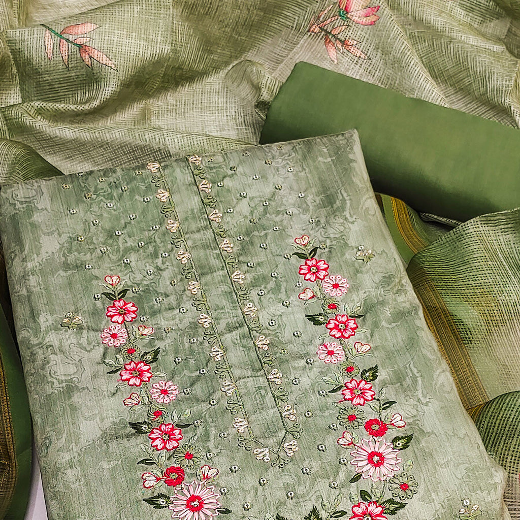 Green Embroidered Art Silk Dress Material