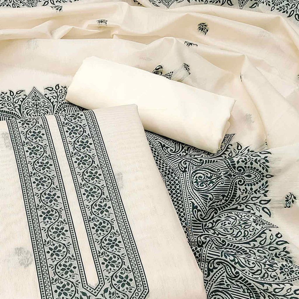 Off White & Green Woven Pure Cotton Dress Material
