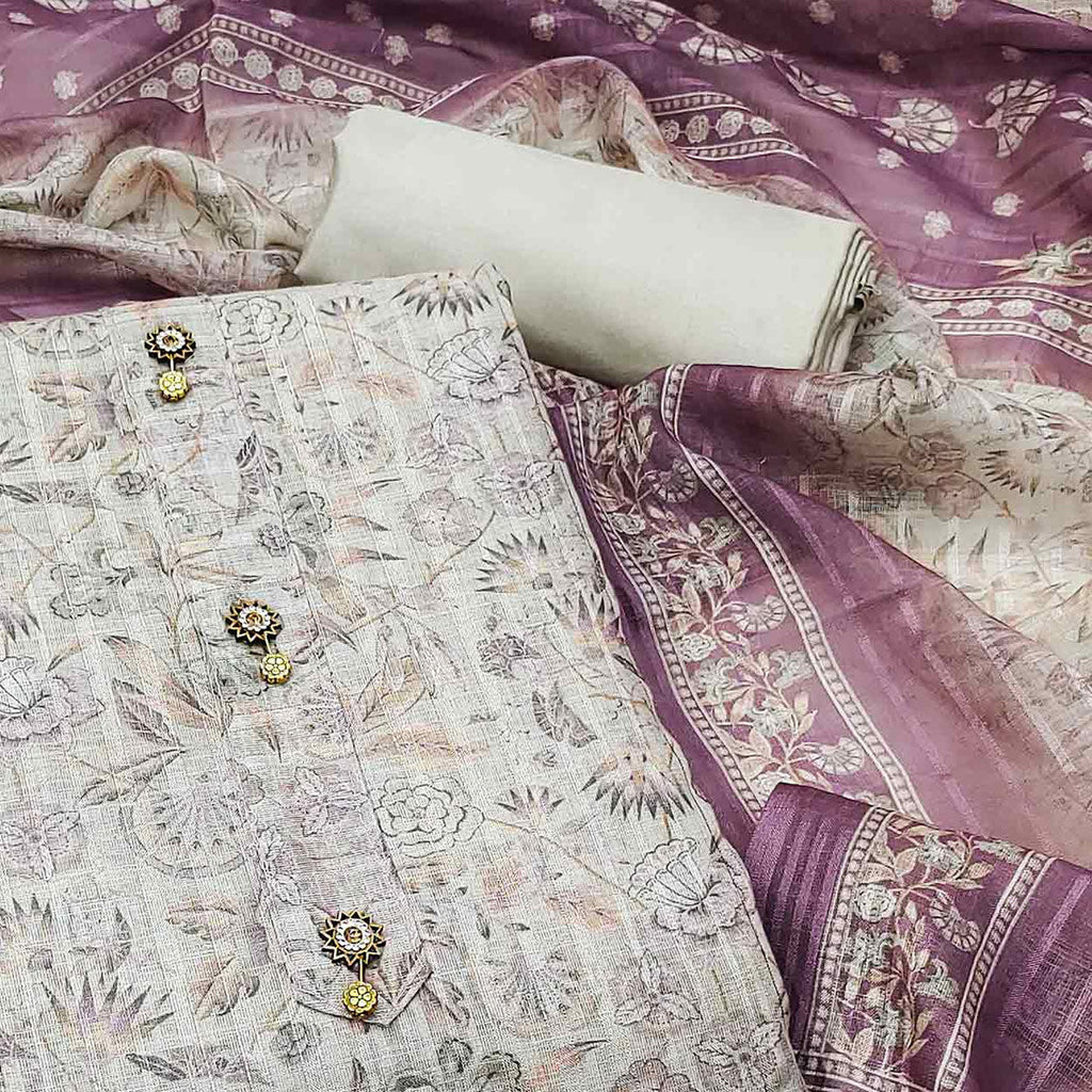 Cream Floral Printed Linen Dress Material