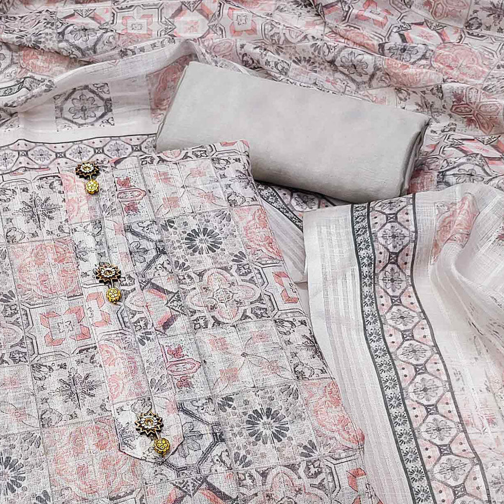 Grey Floral Printed Linen Dress Material