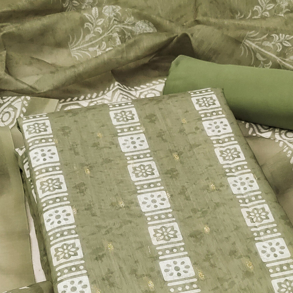 Green Floral Printed Chanderi Dress Material
