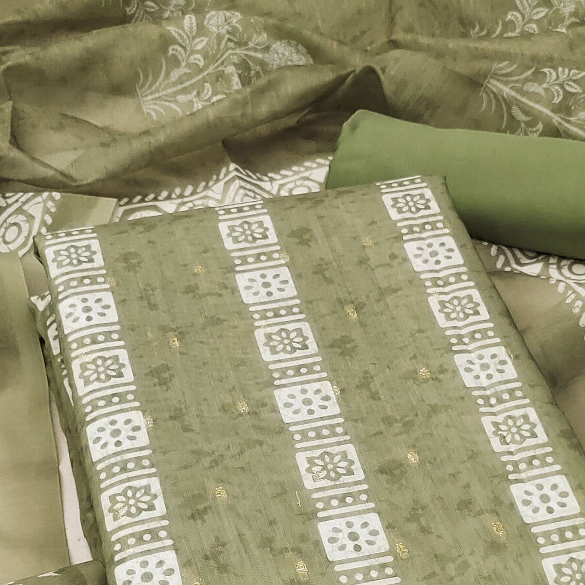 Green Floral Printed Chanderi Dress Material