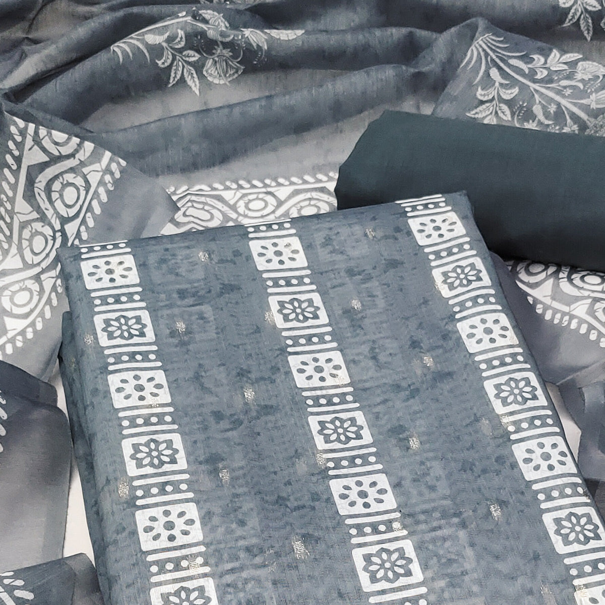 Grey Floral Printed Chanderi Dress Material