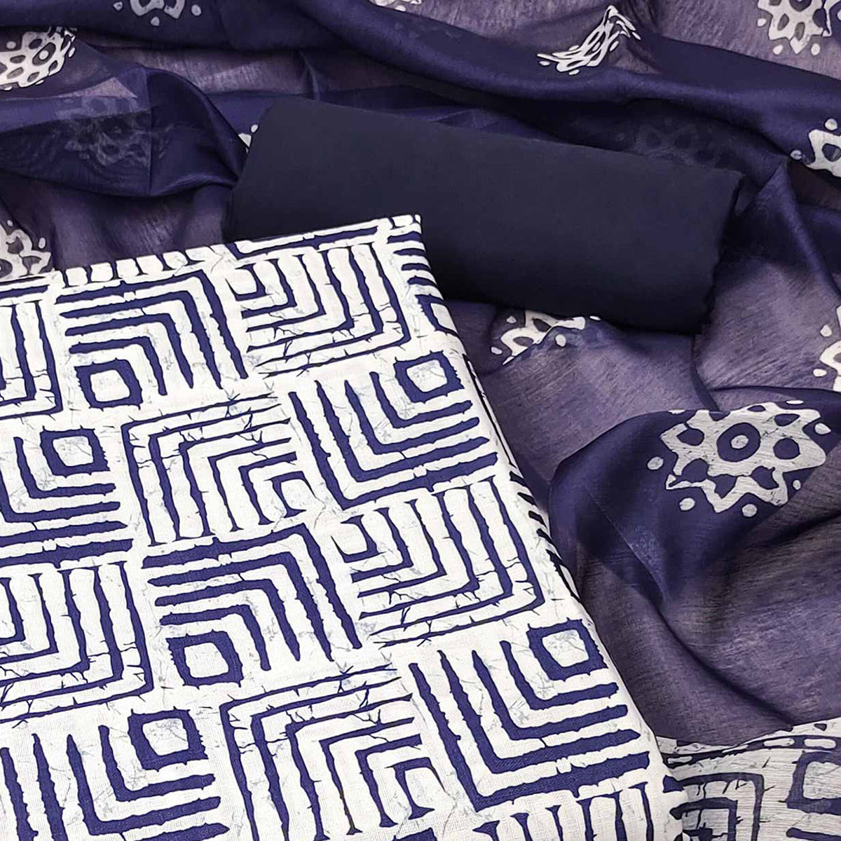 Blue Geometric Printed Pure Cotton Dress Material