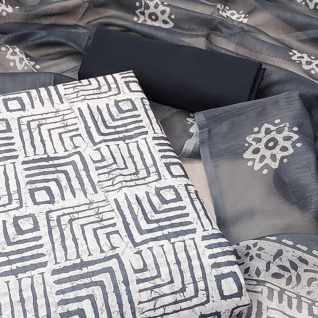 Grey Geometric Printed Pure Cotton Dress Material
