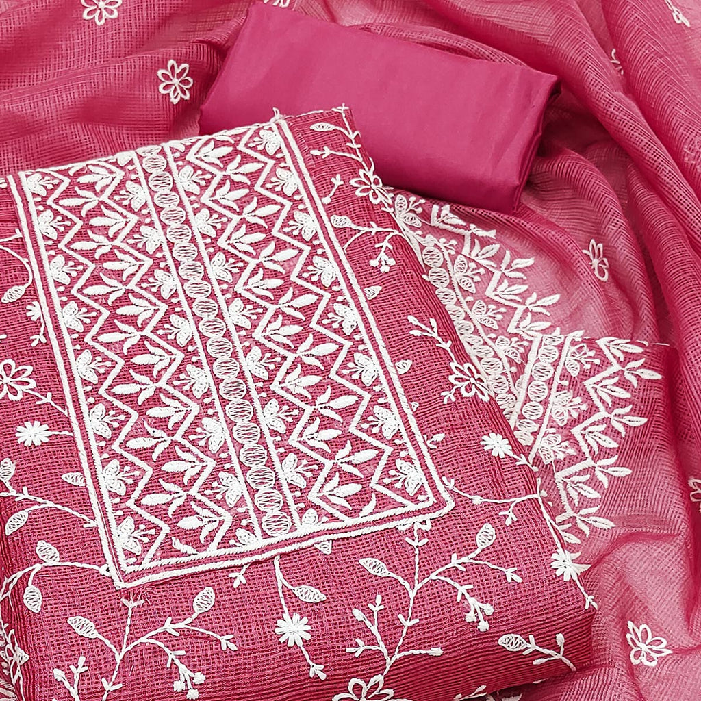 Pink Floral Embroidered Kota Doria Dress Material