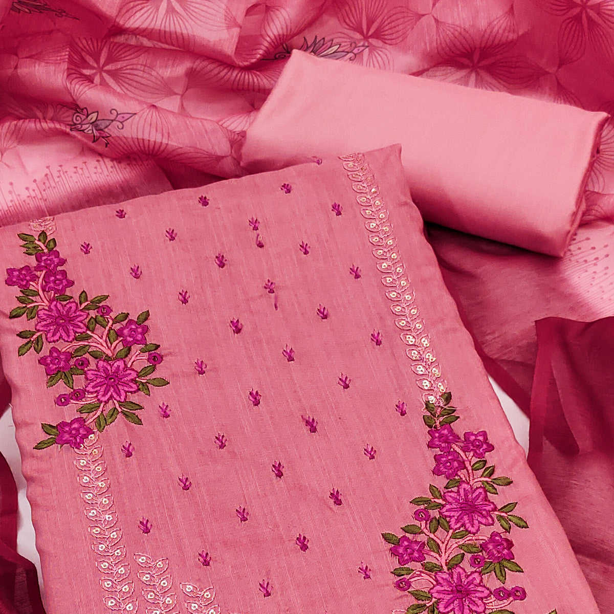 Dark Peach Floral Embroidered Cotton Blend Dress Material