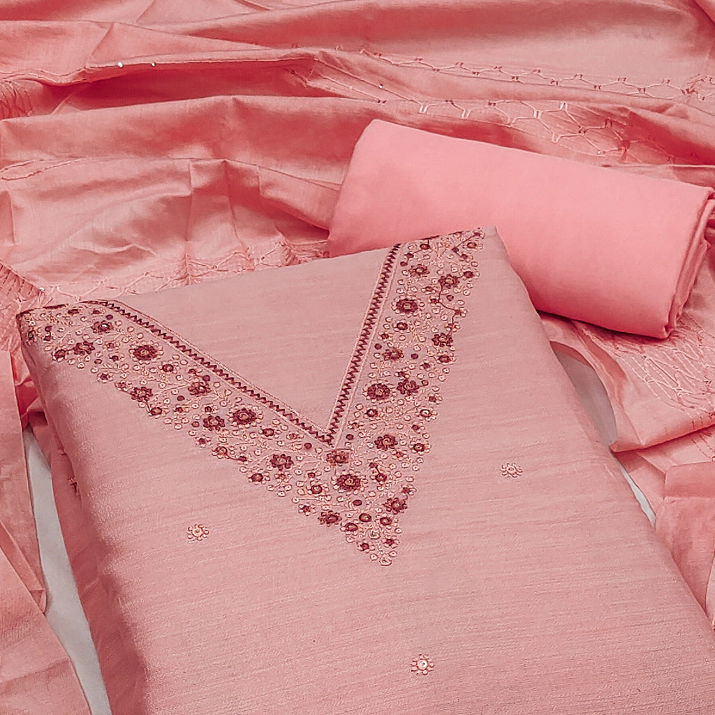 Peach Embroidered Cotton Blend Dress Material