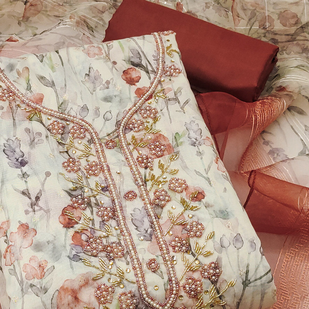Off White & Rust Floral Printed Chanderi Dress Material