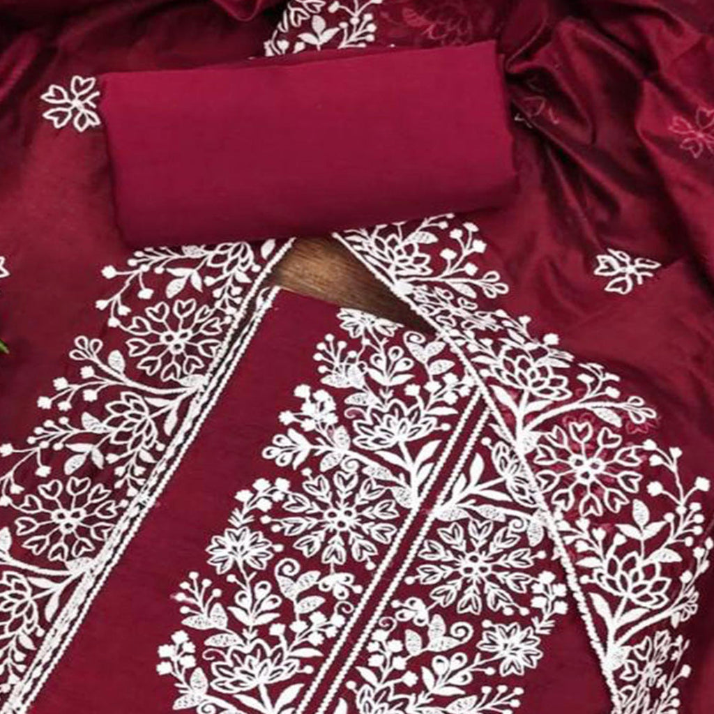Maroon Floral Embroidered Chanderi Silk Dress Material