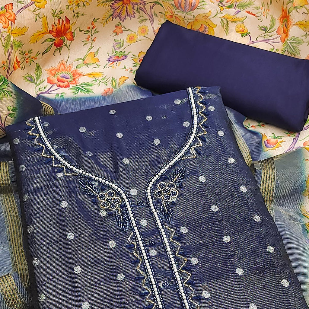 Blue Zari Work Woven Net Dress Material