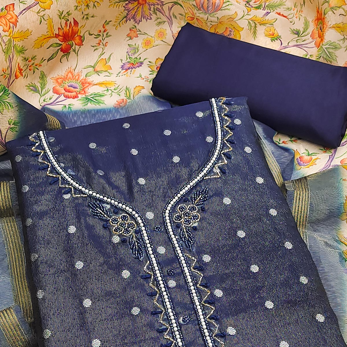 Blue Zari Work Woven Net Dress Material