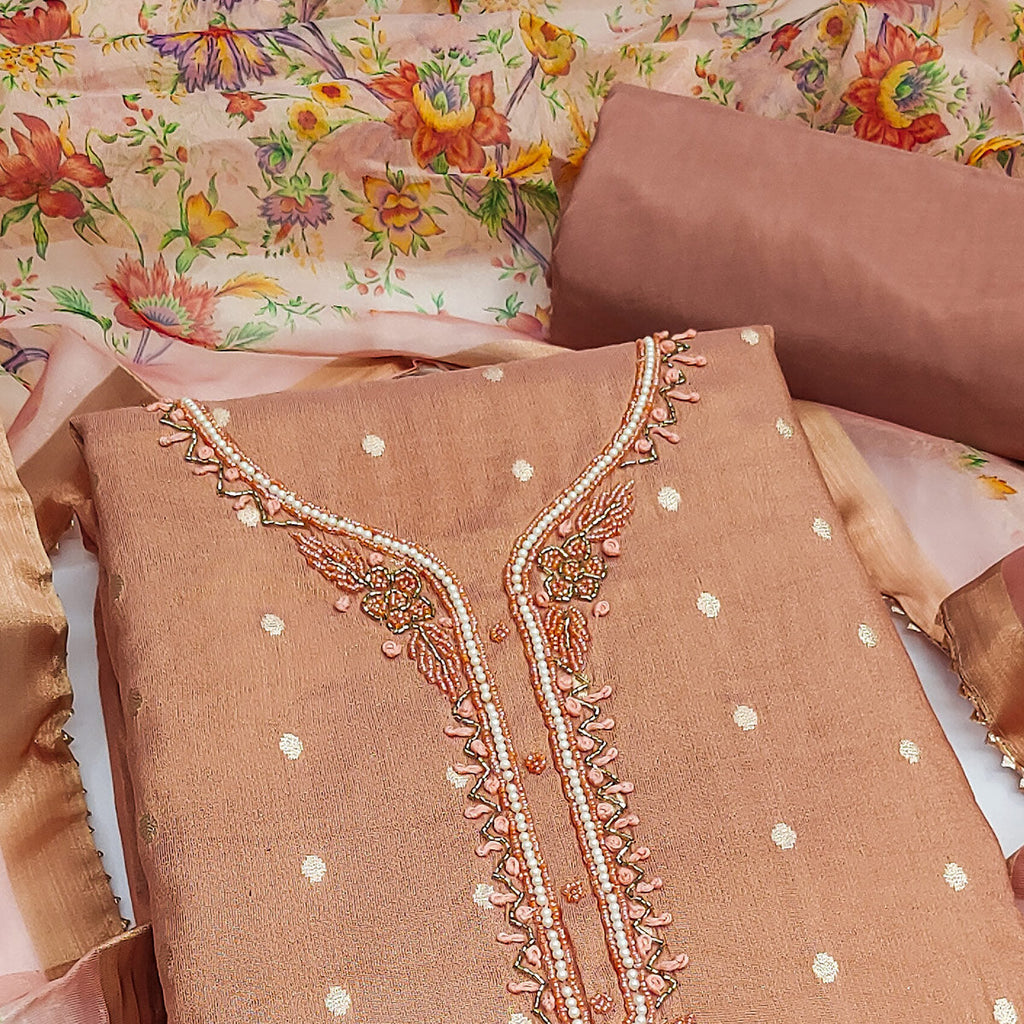 Peach Zari Work Woven Net Dress Material