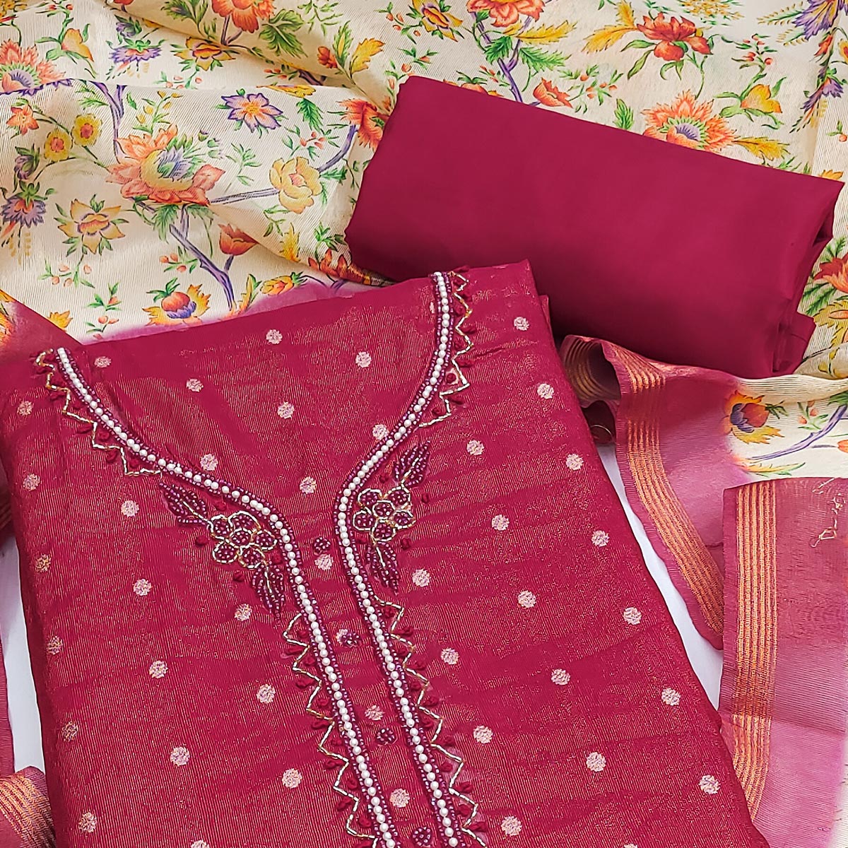 Pink Zari Work Woven Net Dress Material