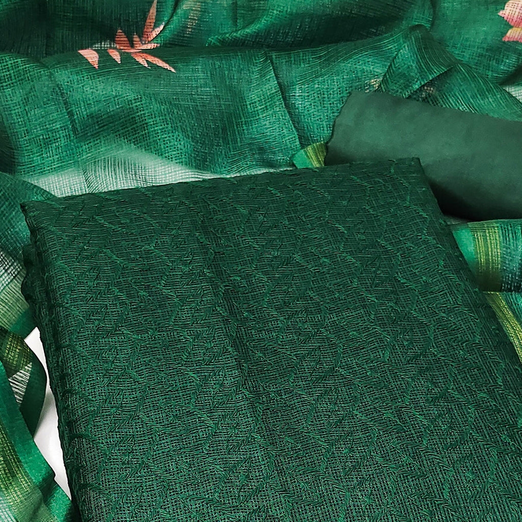 Green Embroidered Kota Doria Dress Material