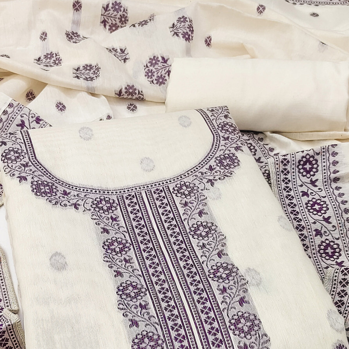 Off White & Wine Woven Pure Cotton Dress Material