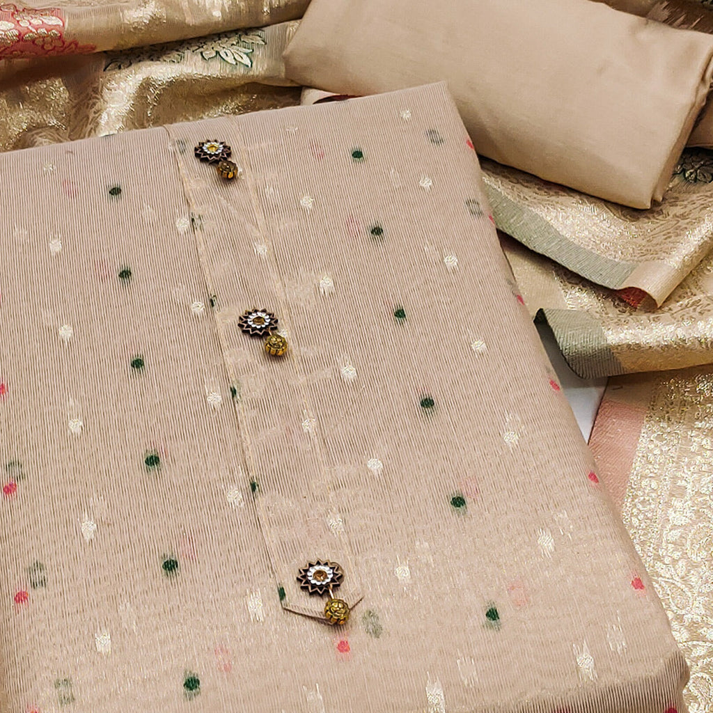 Beige Zari Weaving Banarasi Silk Dress Material