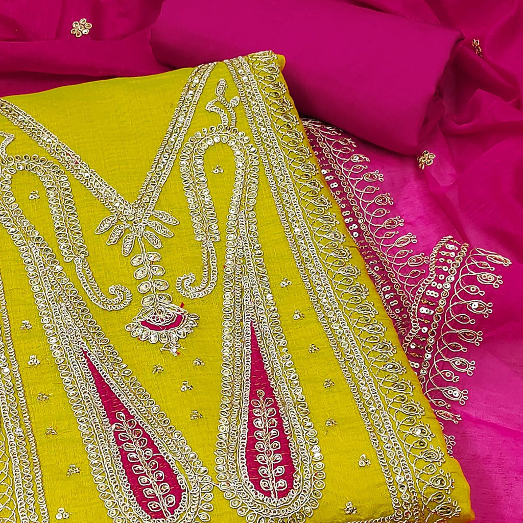 Mustard Paisley Embroidered Chanderi Dress Material