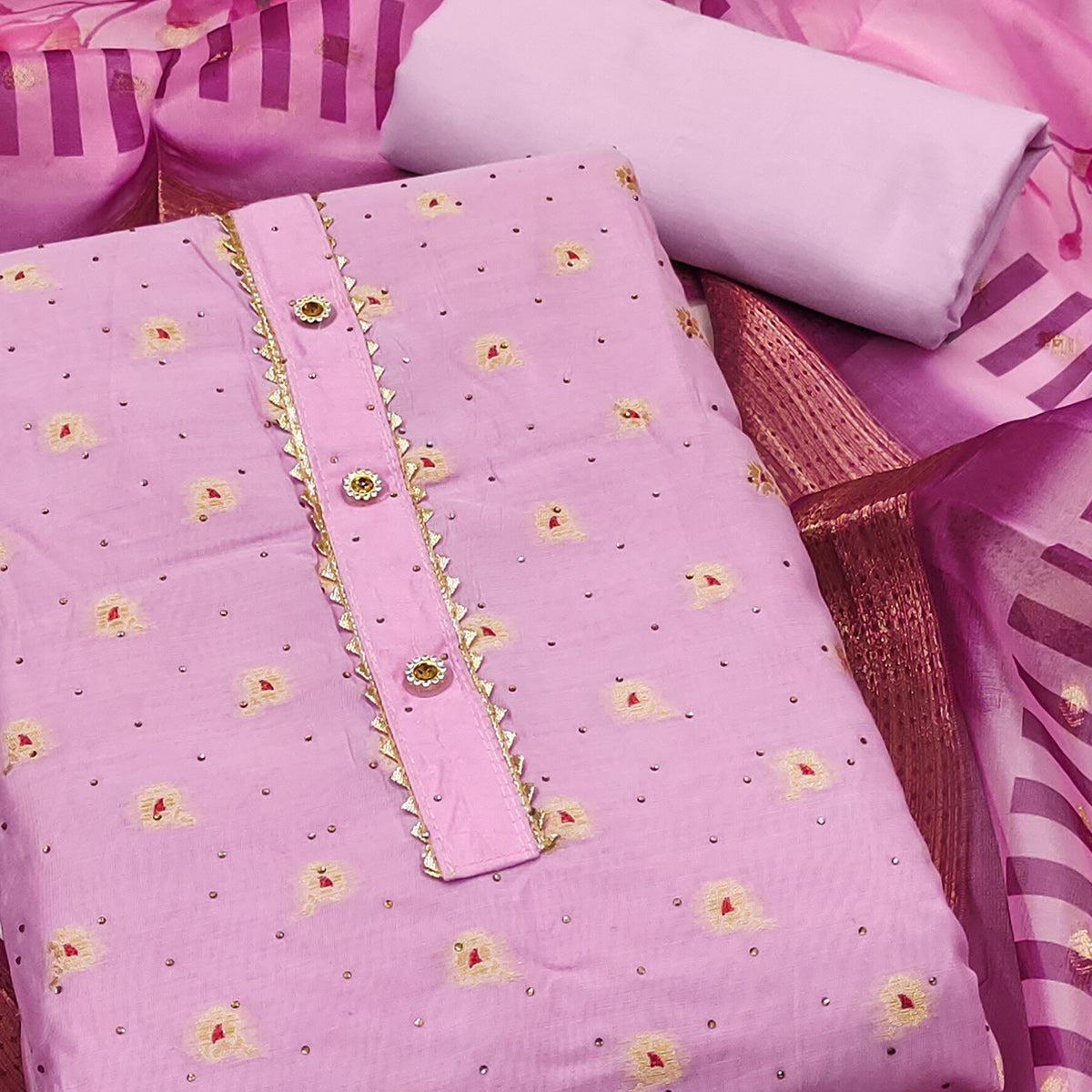 Pink Woven With Swarovski Work Banarasi Silk Dress Material