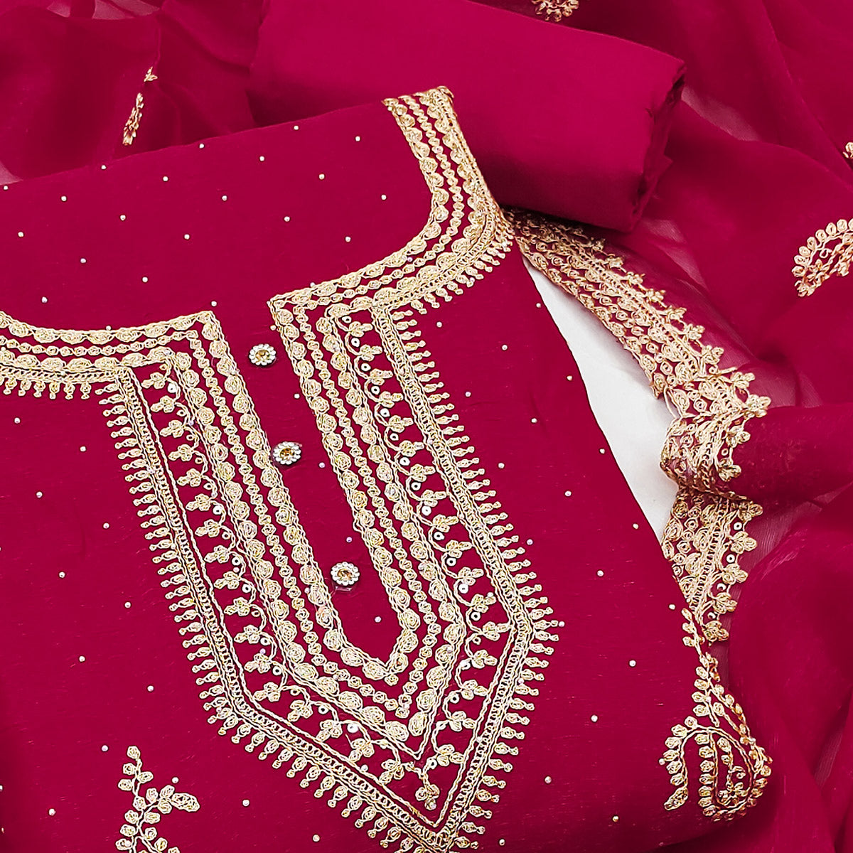 Pink Floral Embroidery With Swarovski Work Georgette Dress Material