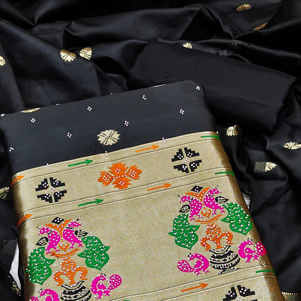 Black Floral Woven With Swarovski Work Banarasi Silk Dress Material